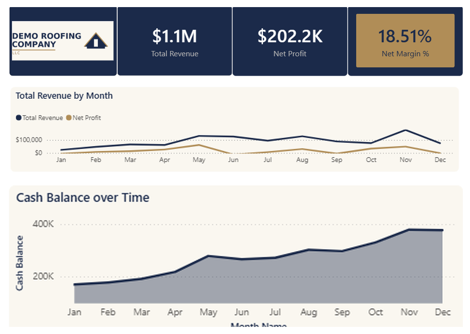 Executive summary showing total revenue, net profit, net margin, revenue trend, and cash balance